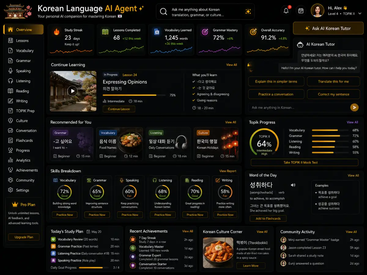 koreanlearning.app AI Korean learning tutor app — training dashboard preview